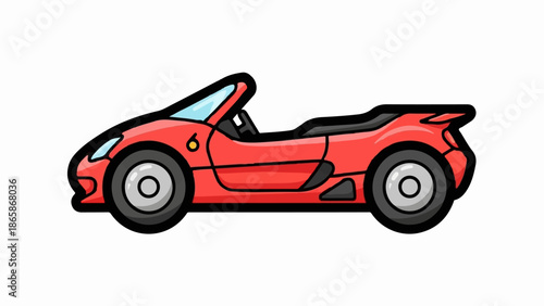 A red, open-top sports car with a black interior and silver wheels