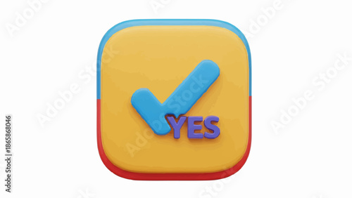 A 3D render of a yellow, rounded square with a blue checkmark and the word YES in purple