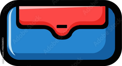 A stylized icon of a rectangular pouch with a red flap over a blue body