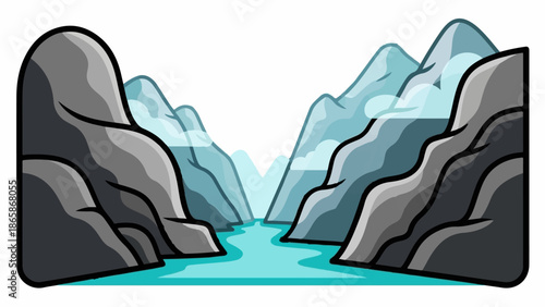 A stylized, cartoonish river flows between imposing, layered mountains and rocks