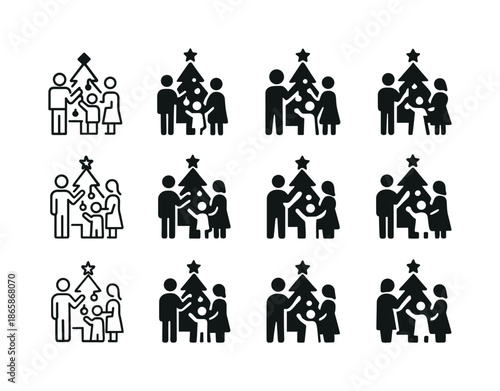 Christmas Family Icons. family taking a holiday photo in front of the christmas tree. Icon set. Set Logo of family taking a holiday photo in front of the