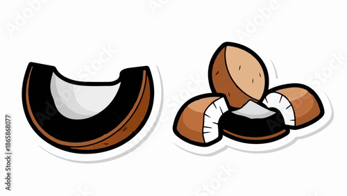 A stylized illustration of coconut pieces, one large segment and three smaller fragments, against a white background