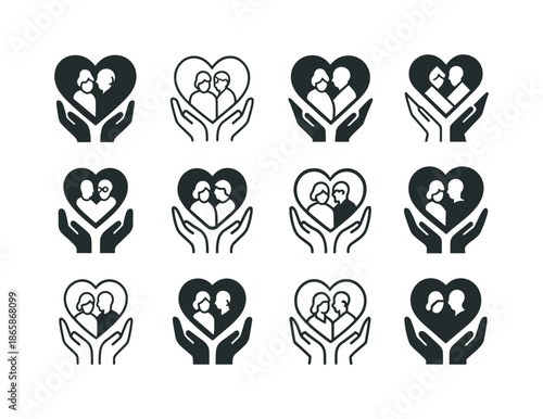 Elderly Care Logos. Elderly Care and Senior Living. Icon set. Set Logo of Elderly Care and Senior Living: heart and hands. harmonious logo variations of the