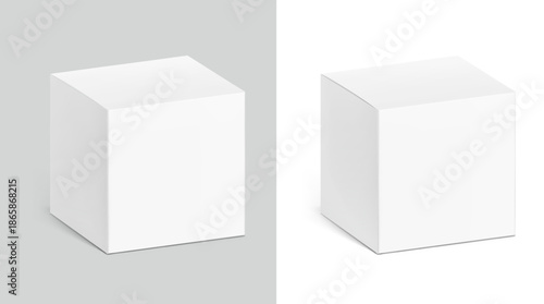Realistic closed cardboard boxes mockup. Vector illustration isolated on white and grey background. Taking your 2D designs into 3D. Can be use for medicine, food, cosmetic and other. EPS10.