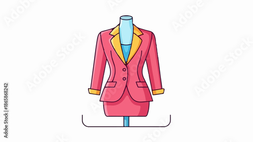 A pink business suit with a blue top and yellow collar on a mannequin