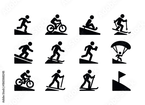 Hill Sports Icons. Hill sports. Solid icon set of hill sports: downhill running, mountain biking, sledding, skiing, snowboarding, grassboarding, trail running,