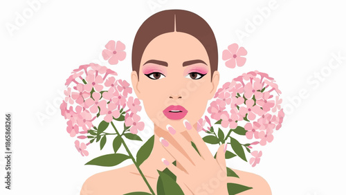 A woman with pink makeup and flowers, focusing on her face and manicured nails