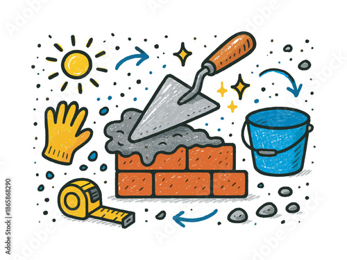 Colorful Construction Doodle. Trowel at Work. Colorful Hand-drawn doodle Children illustration trowel, wet mortar, bricks, measuring tape, gloves, bucket, dust
