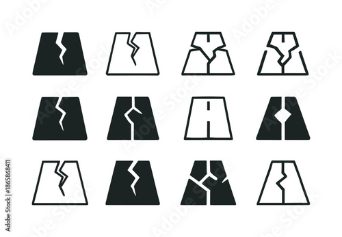Damaged Infrastructure Icons. Damaged infrastructure. Icon set. Set Logo of damaged infrastructure: broken road surface. harmonious logo variations of the same