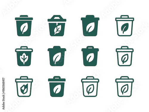 NGO Waste Management Icons. The role of NGOs in waste management. Icon set. Set Logo of The role of NGOs in waste management: waste bin with leaf emblem.