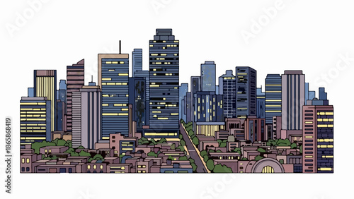 Stylized city skyline with towering buildings illuminated at dusk