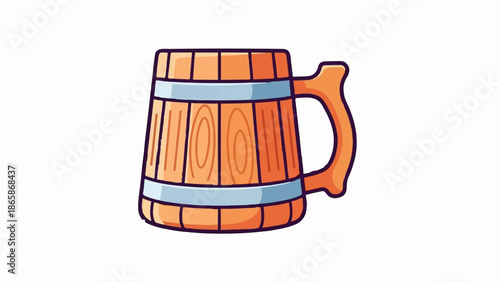 A rustic wooden mug with blue bands and a comfortable handle