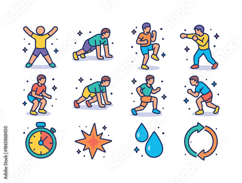Vibrant HIIT Icons. HIIT Exercises. Colorful isometric vector icons set of HIIT Exercises: jumping jacks, burpees, high knees, fast punches, squat jumps,