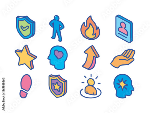 Confidence Icons Collection. Confidence building. Colorful isometric vector icons set of confidence building: confidence shield, strong posture silhouette,