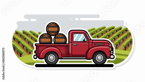 Red vintage truck carrying barrels through a vineyard under a cloudy sky