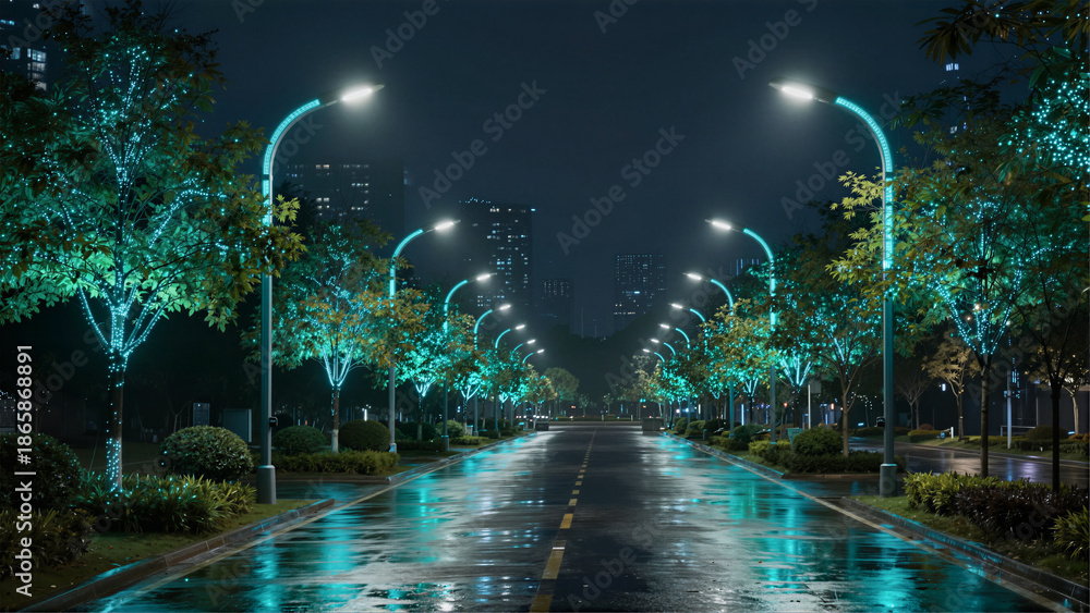 Rainy Night Street with Glowing Lights and Trees