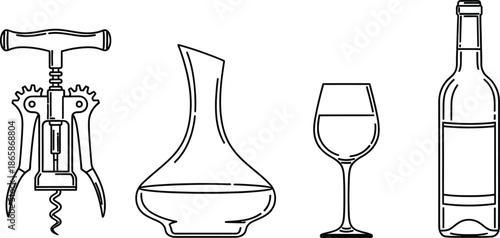 Wine Tasting Set Line art vector set of 4 wine items corkscrew decanter wine glass and bottle