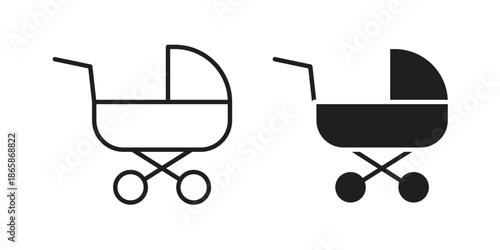 Baby carriage icons set designed in filled, outline, line and stroke style