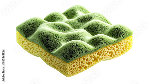 Cross-section of a green and yellow porous cleaning pad