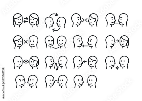 Gaze Interaction Icons. Gaze Interaction. Line icon set of Gaze Interaction: catching someone?s eye, repeated glance, gaze meeting moment, breaking gaze,