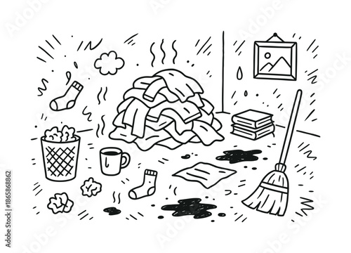 Messy Room Doodle. Messy room. Hand-drawn doodle illustration messy room clothes pile, dust cloud, crumpled paper, trash bin, dirty mug, sock, book stack, rag,