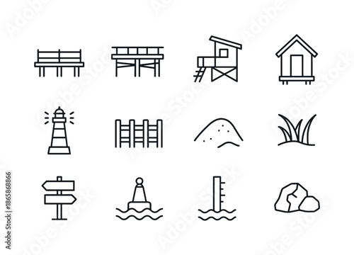 Beach Structure Icons. Beach structures. Line icon set of Beach structures: pier, boardwalk, lifeguard tower, beach hut, lighthouse, beach fence, sand mound,