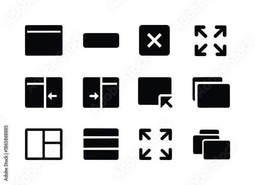 Window Management Icons. Window management. Solid icon set of Window management: maximize icon, minimize icon, close button, move window arrows, snap left,