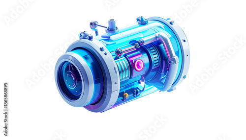 Futuristic cylindrical device with glowing blue and purple accents