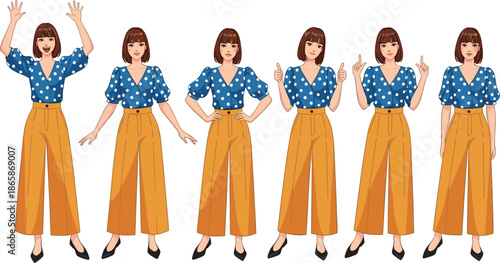Cartoon woman poses set, cheerful female character showing gestures emotions wearing stylish outfit isolated white background illustration design concept fashion