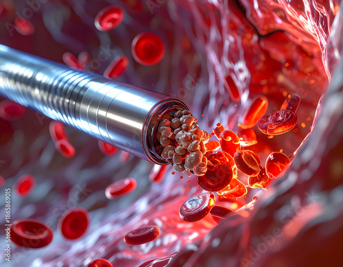 An advanced medical procedure to remove blockage in blood vessel, shown in a detailed close-up