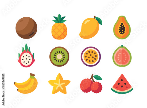 Tropical Fruit Icons. Tropical fruit. Colorful flat vector icons set of tropical fruit: coconut, pineapple, mango, papaya, dragon fruit, kiwi, passion fruit,