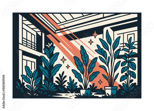 Eco Atrium Harmony. Biophilic design and green architecture ? eco atrium. Sunbeams spill into an open atrium filled with tall plants; floating spark icons