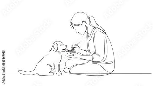 A gentle one-line drawing capturing a young woman lovingly feeding a small puppy from a bowl