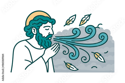 Wind Whisperer Illustration. Wind whisperer. A calm god blows gently, sending curling streams of air across the sky; floating feathers drift in the stormlight.