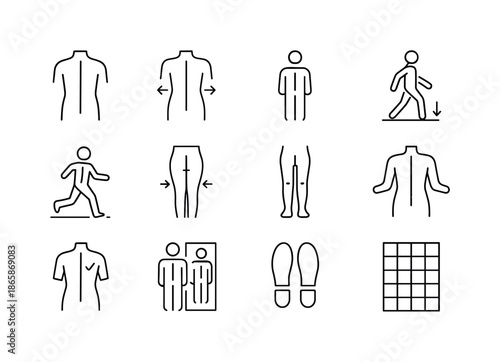 Body Symmetry Icons. Body symmetry. Line icon set of body symmetry: symmetrical shoulders, symmetrical hips, even weight distribution, center of gravity icon,