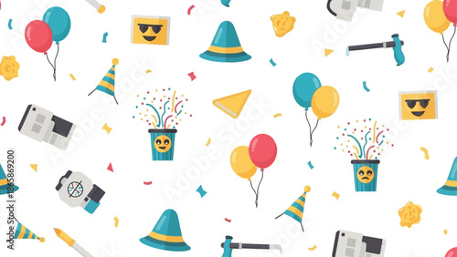 Playful Flat Design Seamless Pattern with Celebration and Digital Icons.eps