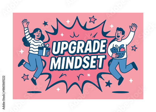 Upgrade Mindset Explosion. Upgrade mindset banner, flat vector illustration, bold oversized text inside splash explosion banner, cartoon characters jumping and