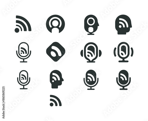 Podcast Logo Variations. The rise of podcasts and their cultural impact. Icon set. Set Logo of The rise of podcasts and their cultural impact: rss feed icon.