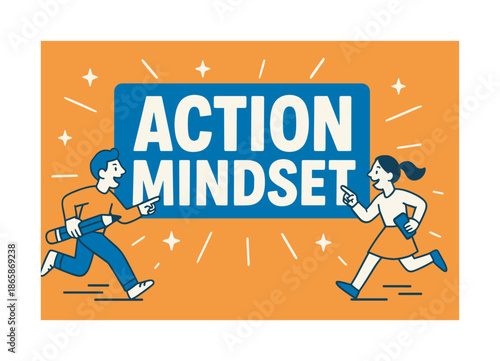 Action-Oriented Banner. Action mindset banner, flat vector illustration, bold oversized text inside rectangular frame, cartoon characters running and pointing