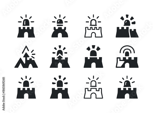 Enemy Camp Logos. Enemy camp under attack. Icon set. Set Logo of enemy camp under attack: alert signal beacon. harmonious logo variations of the same