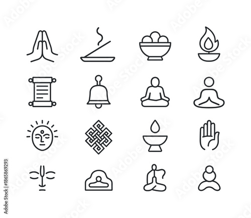 Ritual Devotion Icon Set. Ritual and devotion. Line icon set of Ritual and devotion: prayer hands, incense stick, offering bowl, ritual flame, chant scroll,