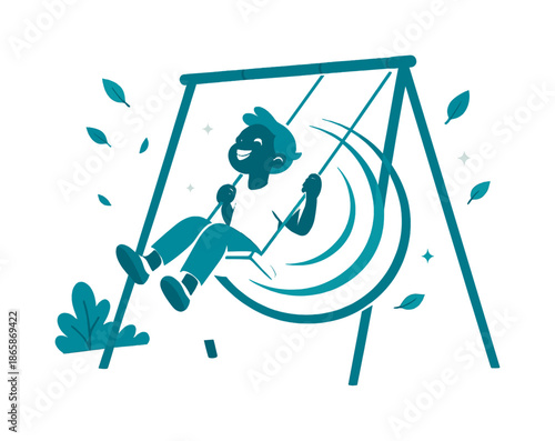 Joyful Swing Adventure. Swinging on playground. Child soaring through the air on a swing; motion arcs trailing behind like joyful echoes. Floating leaves and