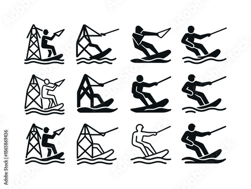 Wakeboarding Icon Set. Wakeboarding. Icon set. Set Logo of wakeboarding: cable park tower. harmonious logo variations of the same emblematic concept, each with