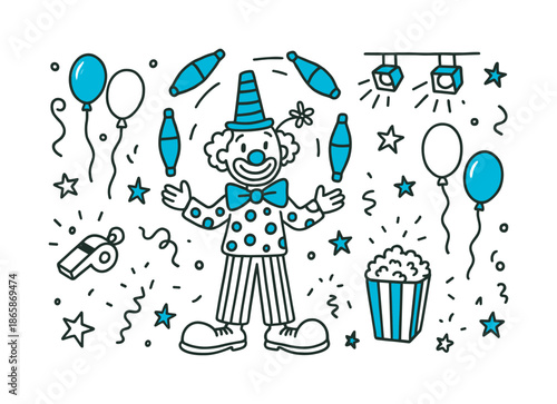 Circus Performer Doodle. Circus Performer. Hand-drawn doodle illustration Circus Performer clown hat (accented), juggling clubs (accented), bow tie, balloons,