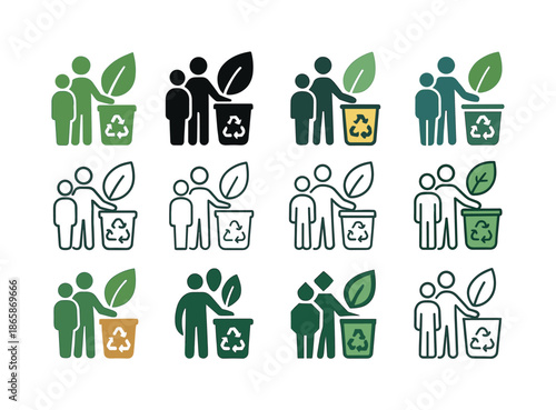 NGO Waste Management Icons. The role of NGOs in waste management. Icon set. Set Logo of The role of NGOs in waste management: eco volunteers symbol. harmonious