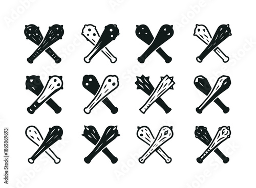 Giant Icon Logos. Tales of giants. Icon set. Set Logo of Tales of giants: club weapon. harmonious logo variations of the same emblematic concept, each with