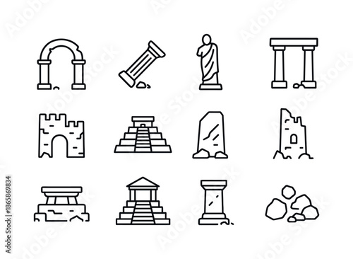 Monument Line Icons. Ruins and monuments. Line icon set of Ruins and monuments: broken arch, fallen column, ancient statue, stone gate, old fortress wall,