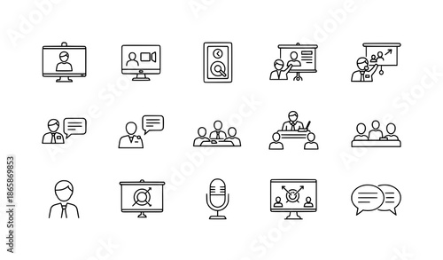 Online Business Meeting and Webinar Outline Icon Collection