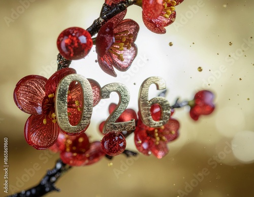 Cinematic close-up of red cherry blossoms with gold numbers 026 on a branch