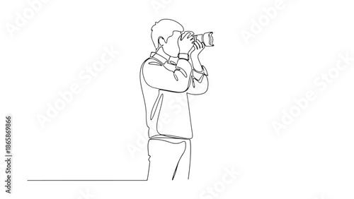 Minimalist continuous line art illustration of a photographer capturing moments with a professional camera, embodying creative visual storytelling